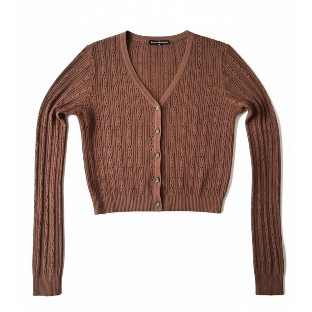 Brandy Melville Sweater Womens One Size Brown Pointelle Knit Button Cardigan